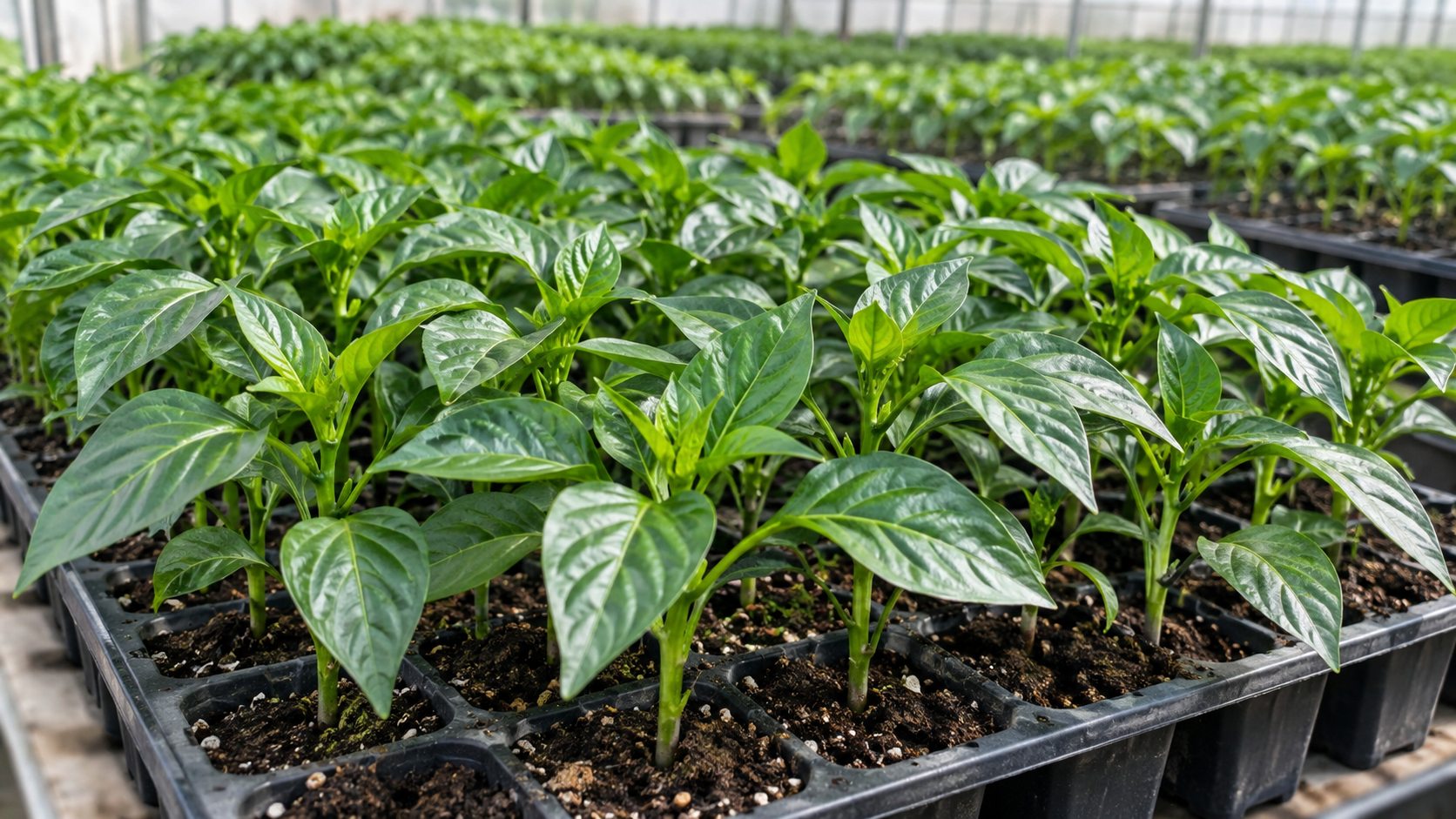 Koyu yeşil yapraklı, gürbüz biber fideleri